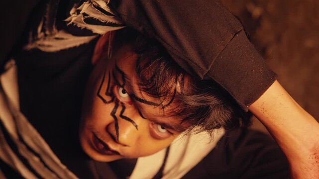 A performer with spider face paint and white eyes gives a creepy, unsettling smile while looking up at the camera from a low position. A disturbing portrait of madness and horror.
