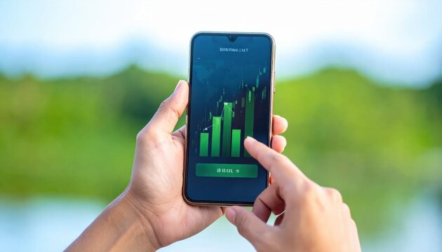 Person holding smartphone showing green stock market trading chart, financial growth analysis, investment portfolio tracking, mobile banking technology, digital economy