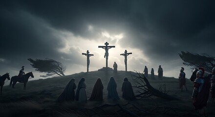 Crucifixion on a hill.