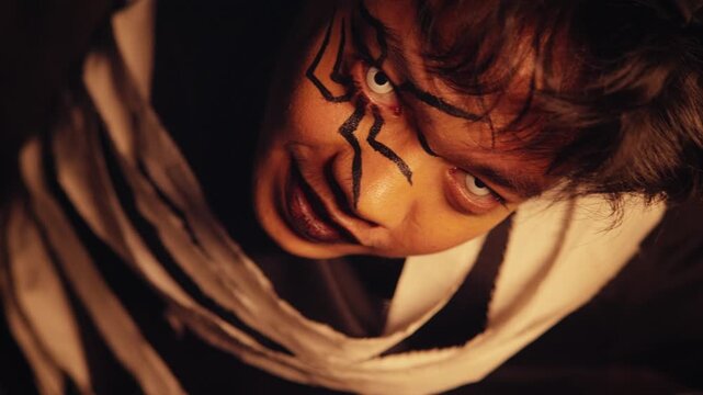 A disturbing high-angle close-up of a man with spider makeup and white contact lenses. He looks up at the camera with a menacing, insane smile, creating a feeling of horror and dread.