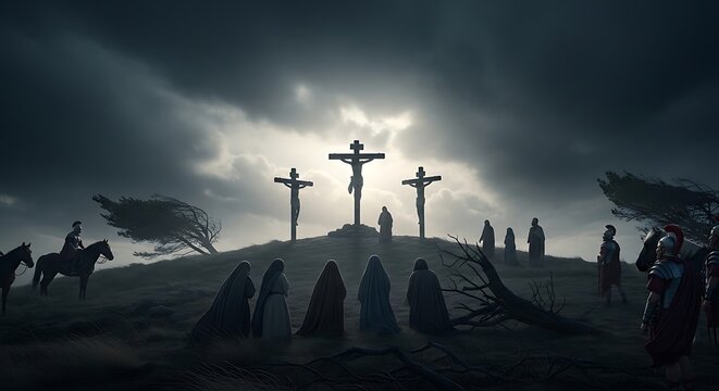 Crucifixion on a hill.