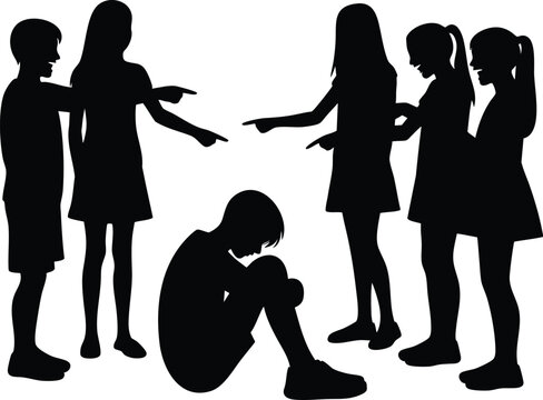 Silhouette of a bullied child sitting alone surrounded by pointing figures representing social exclusion and peer pressure isolated on white