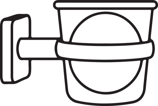Black and white line art drawing of a simple wall-mounted cup holder designed for a bathroom or kitchen its sturdy bracket and circular opening personal care bathroom domestic