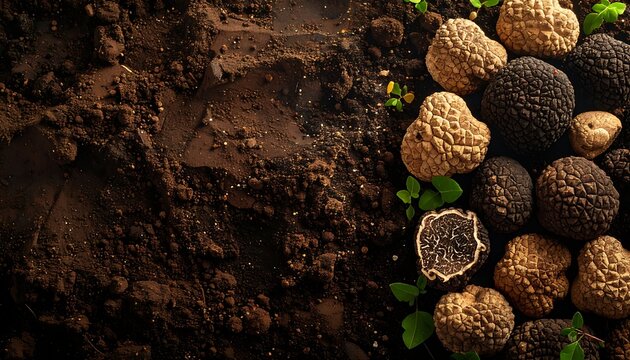 Pile of truffles on dirt background, some halved, with small leaves, creating earthy, culinary texture