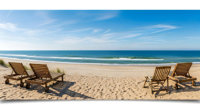 Beautiful beach scene with sun loungers, soft sand dunes, and gentle waves, representing summer sky, relaxing summer vacation travel, leisure, relaxation, and tropical vacation experience
