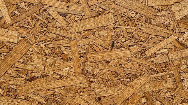 OSB Panel: A detailed shot of an OSB panel showing the intricate texture of compressed wood chips, a staple of modern construction and design.