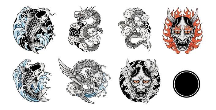 Asian inspired vector illustrations of mythical creatures and symbols