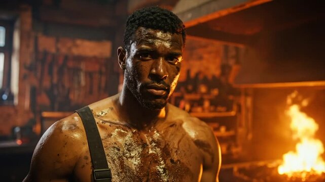 A shirtless, Black man covered in dirt stands near a fiery furnace. Tools hang on a wall