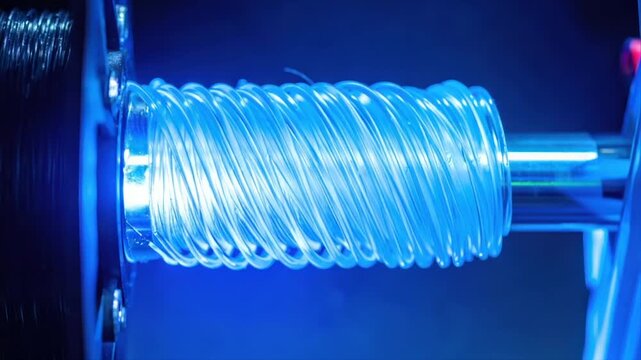 Close-up of a spool with tightly wound, luminous blue tubing. It glows intensely