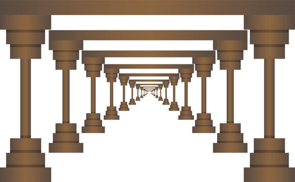 Vector illustration of a symmetrical infinite corridor of brown columns in one-point perspective