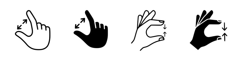 Obraz premium Pinch zoom gesture icon set. Touch zoom in and zoom out, scale, resize and navigation symbols with outline and solid styles for mobile apps, UI design and touchscreen interfaces - stock vector