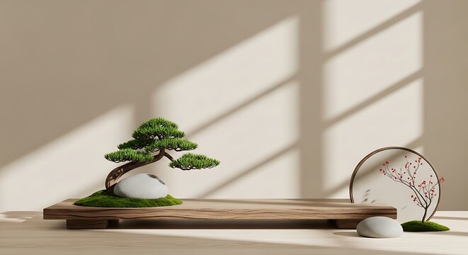 Bonsai tree on wooden board with fan