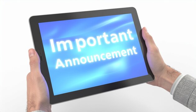 A person holding a tablet device displaying the text 'Important Announcement' on its screen, signifying a notification or a significant update