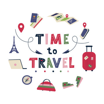 Poster with Travel elements arranged in a circular composition in flat design style. Concept of tourism, vacation, journey planning and adventure. Cartoon Flat Vector Illustration