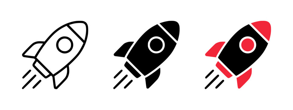 Rocket launch icon set. Startup growth, business progress, innovation, space exploration symbol. Minimalist outline and solid rocket icons with motion trails isolated  white background - stock vector