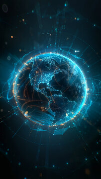 Futuristic digital globe of Earth with glowing data points network connections on a dark background. Worldwide links on planet earth at night. Concept of World communication technology. 3d render