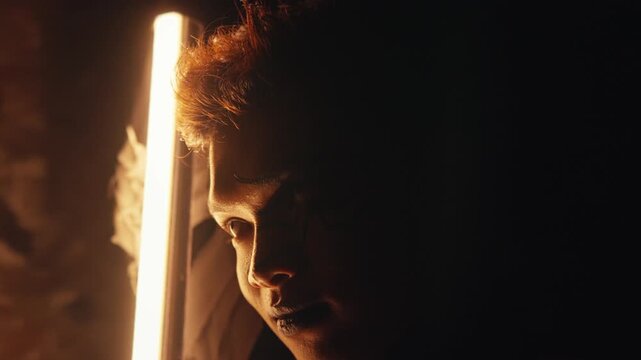 A moody close-up of a man's face in near-darkness, illuminated by a single vertical fluorescent light. The dramatic play of light and shadow creates a mysterious and contemplative atmosphere.