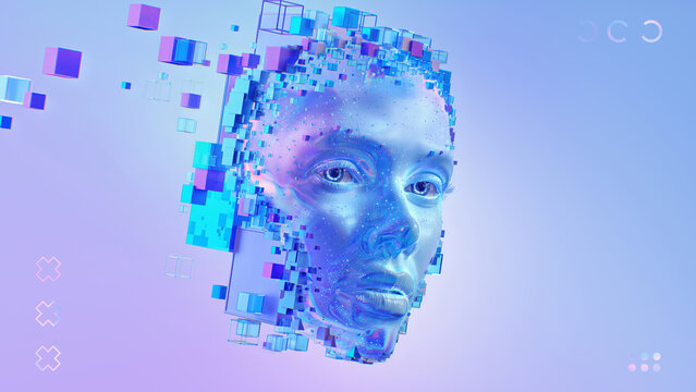 Futuristic digital human face with pixel blocks on pastel gradient background. Concept of technology and artificial intelligence visualization. 3d illustration
