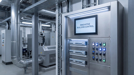 Fototapeta premium Sleek Building Automation Electrical Cabinet Featuring Modern Metal Housing Precision Controls And Streamlined Industrial Design