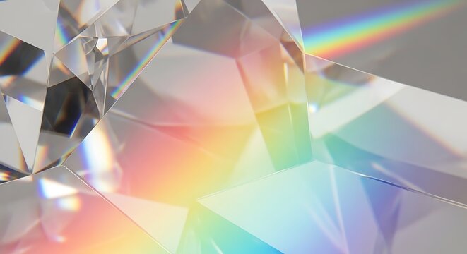 Close-up of a faceted crystal catching light and refracting a rainbow spectrum of colors with refraction spectrum abstract geometric transparent sparkling highlight