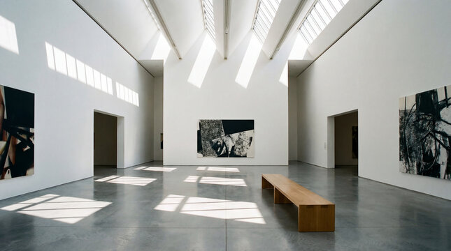 Minimalist art school foyer with vast white walls, polished grey screed floor, and natural light