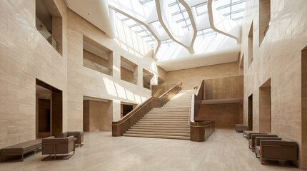 Fototapeta premium University foyer with breathtaking skylit volume beige stone walls broad staircase modern elegance