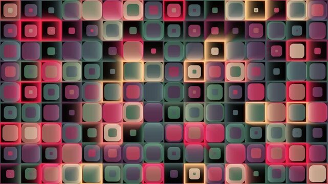 Abstract grid of glowing rounded squares with flickering neon lights in red and orange. Dynamic geometric mosaic background, perfect for retro futuristic visuals