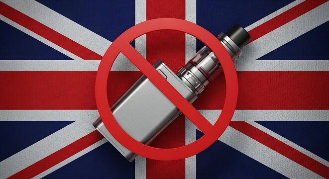 Electronic Cigarette Banned in United Kingdom Concept with Vape Pen and Union Jack Flag