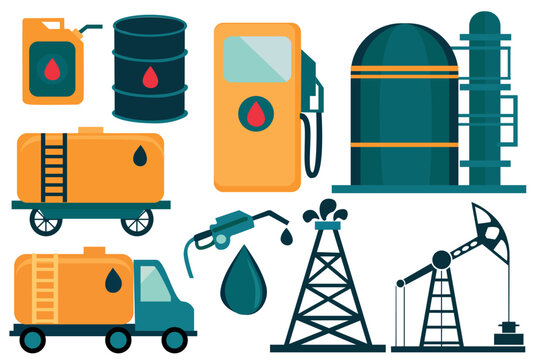 A set of elements on the topic of gas, oil production and fuel transportation. A fuel tanker, a pump, a canister of gasoline, a tower, a pumping station.