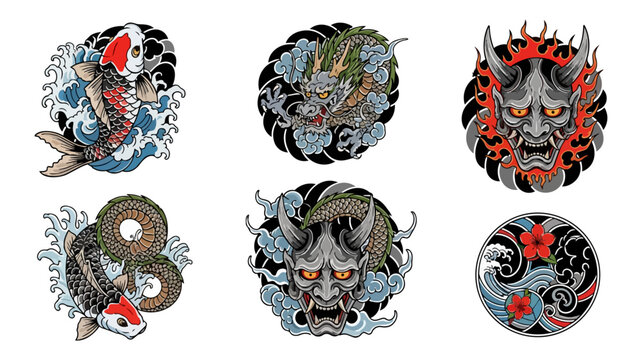 Japanese art collection koi fish dragon demon mask designs on black