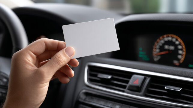 Close-up of a hand holding a blank white card inside a modern car interior with dashboard and steering wheel in background
