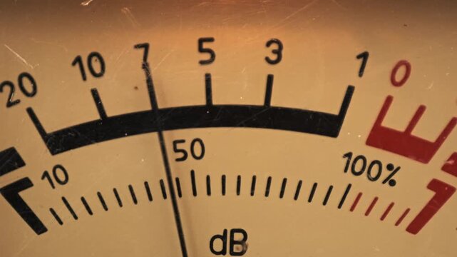 An extreme close-up reveals a retro audio level meter with a fluctuating needle. The analog decibel gauge features warm backlighting and scratches on the vintage surface.