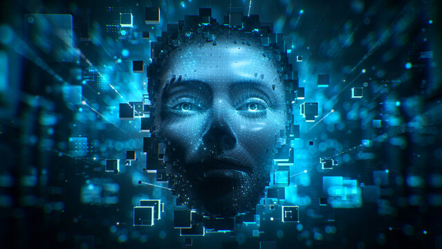 Digital AI human face opening eyes, made of glowing blue voxels and data particles, concept of artificial intelligence, machine learning and cybernetic consciousness. Futuristic 3D illustration