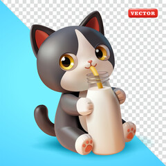 Fototapeta premium Cute kitten drinking a bottle of milk, 3D vector. Perfect for design elements