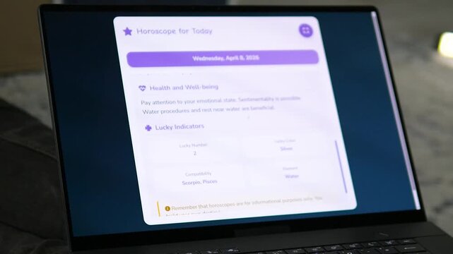 High-quality visual of an astrology website UI on a computer screen. Navigating through daily forecasts for health and finances. Ideal for software development showcases, web design portfolios, and