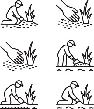 Planting sea grass black line art. Flat vector illustration