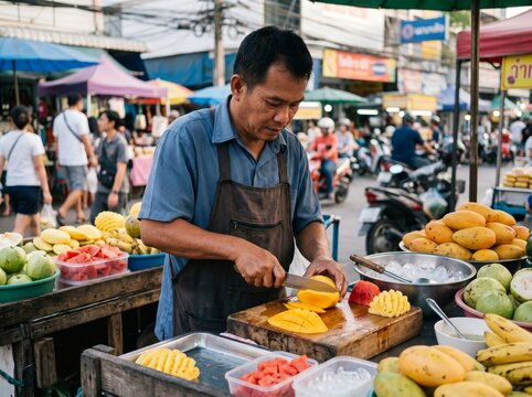 Man Preparing Fresh Tropical Fruits at Street Market Stall in Thailand, Fruit Cutting Vendor, Colorful Food Preparation, Outdoor Lifestyle Market Photography, Natural Daylight Scene