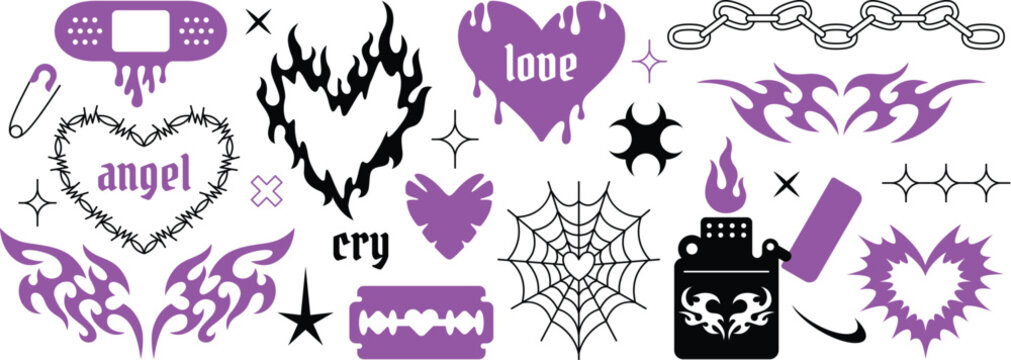 Neo tribal gothic tattoo set with barbed wire and rose symbols vector