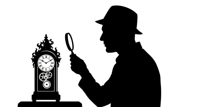 Silhouette of a Detective Examining an Antique Clock with Magnifying Glass.