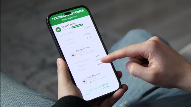 Achieve financial freedom. Close-up of a budget planner app showing savings rates and goal progress. Great for investment ads, saving advice videos, and personal accounting concepts. High-converting