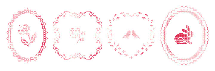 Naklejka premium Cross-stitch frames and borders. Oval, round shapes with vintage embroidery elements. Retro hand made covers for branding, scrapbooking and social media.