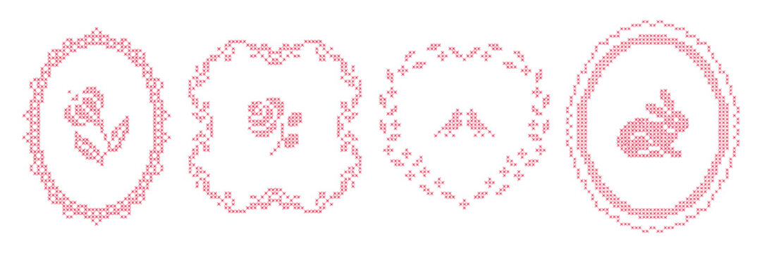 Cross-stitch frames and borders. Oval, round shapes with vintage embroidery elements. Retro hand made covers for branding, scrapbooking and social media.