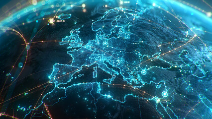 Futuristic digital Earth globe with glowing global network connection lines, big data transfer and cyber security technology over Europe map. 3D concept of worldwide connectivity and globalization © ilya_levchenko