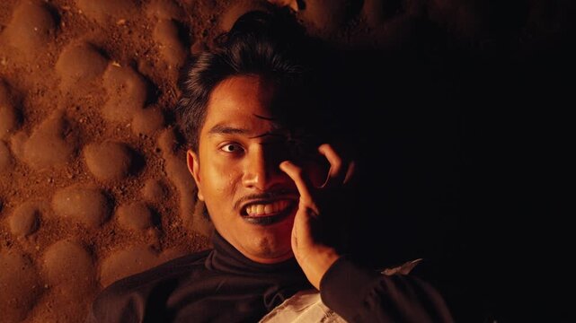 From a top-down view, a man with theatrical makeup lies on the ground, staring up with a menacing smile. He performs strange hand gestures over his face in a creepy, ritualistic manner.