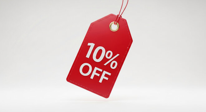 Red price tag with "10% OFF" in white, isolated on white background, representing discount, offer and special promotion, perfect for sale