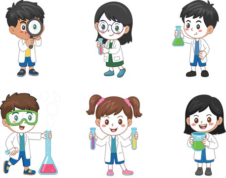 Professional set of cute cartoon child scientist characters wearing lab coats holding microscopes test tubes and flasks for education and chemistry concept vector