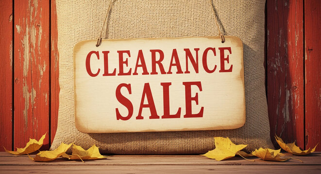 Rustic sign with "Clearance Sale" text, hanging against burlap. Represents promotion, discount, savings, and retail opportunity