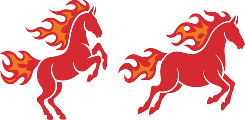 Professional set of red fire horse silhouette icons with flame manes and tails for speed power and energy concept vector © Afsana