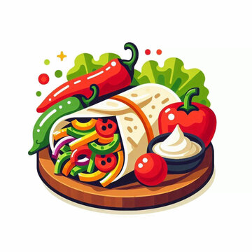 A vibrant shawarma wrap on a wooden platter with peppers and condiments