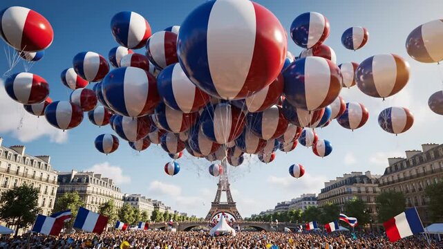 Celebration of Bastille Day with French flags and balloons in Paris with the Eiffel Tower in the background